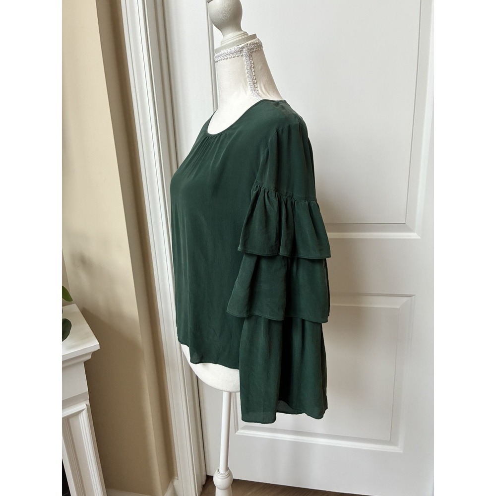 Madewell 100% Silk Ruffle Tiered Sleeves Forest Green Emerald Top Blouse Size